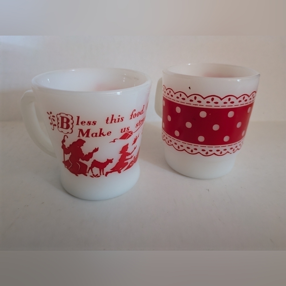 Rare Vintage Fire King Christmas Milk Glass Coffee/tea mugs.